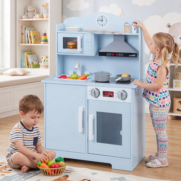 Play Kitchen for Kids, Wooden Kitchen Playset with Range Hood