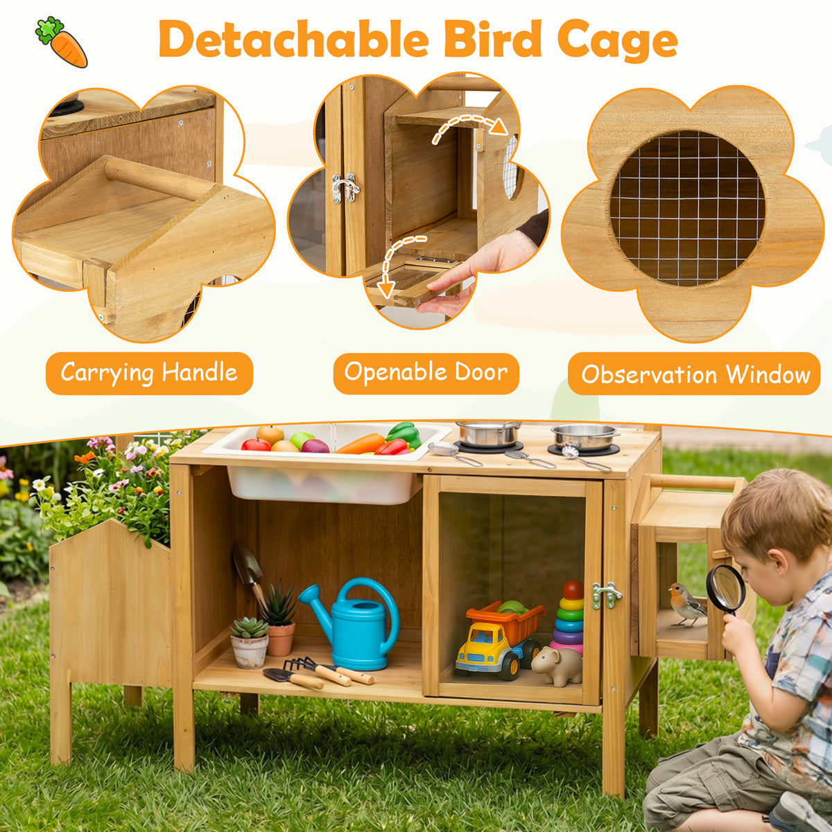 Honey Joy Mud Kitchen for Kids, Pretend Play Kitchen with Detachable Bird Cage