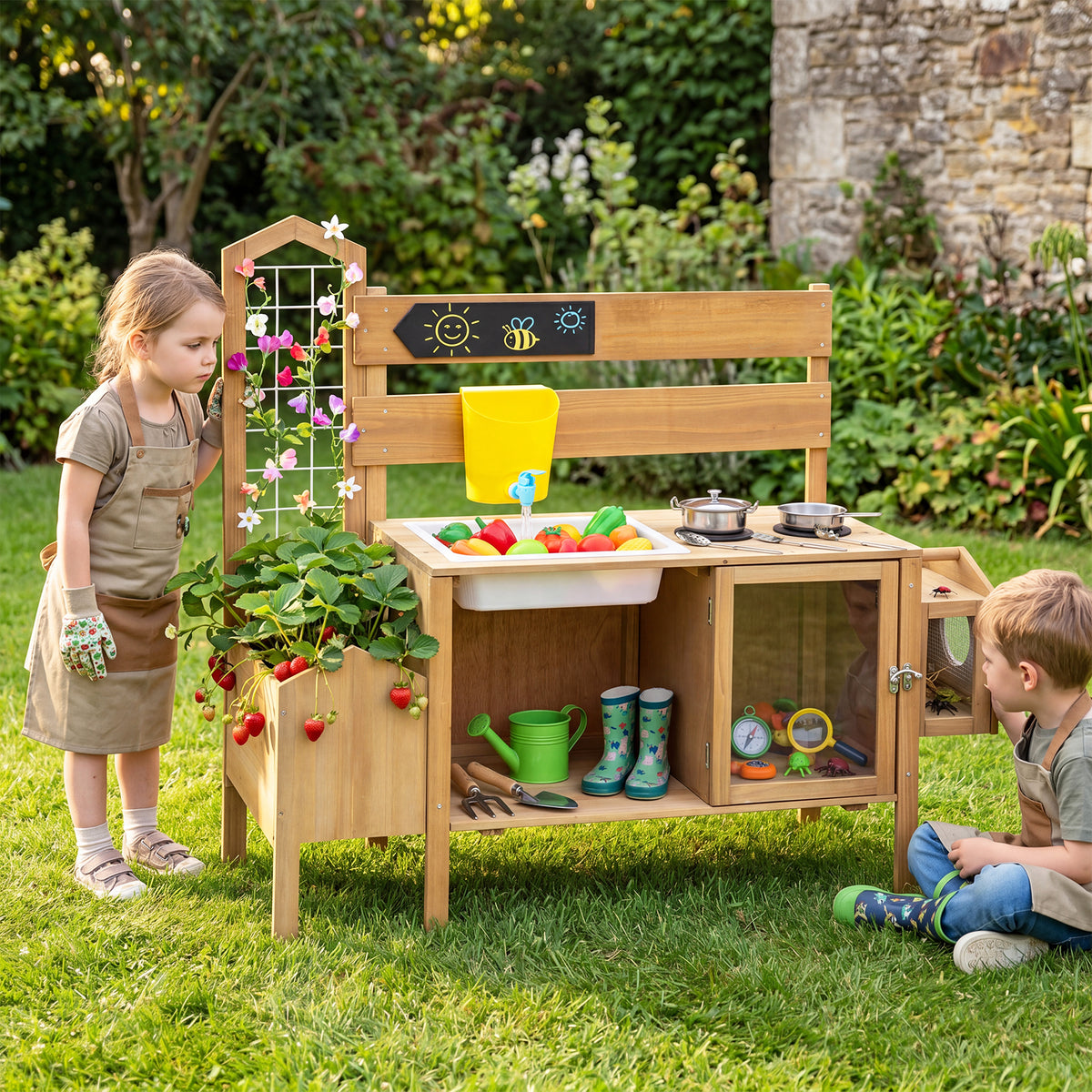 Honey Joy Mud Kitchen for Kids, Pretend Play Kitchen with Detachable Bird Cage