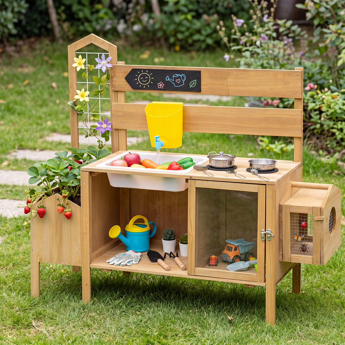 Honey Joy Mud Kitchen for Kids, Pretend Play Kitchen with Detachable Bird Cage