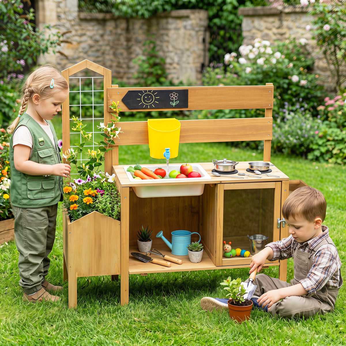 Honey Joy Mud Kitchen for Kids, Pretend Play Kitchen with Detachable Bird Cage