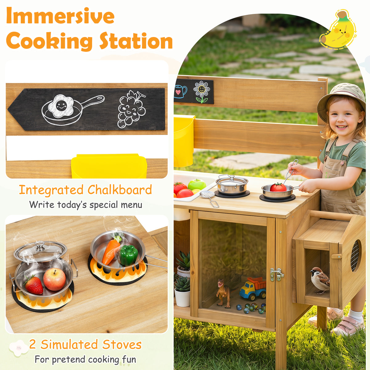 Honey Joy Mud Kitchen for Kids, Pretend Play Kitchen with Detachable Bird Cage