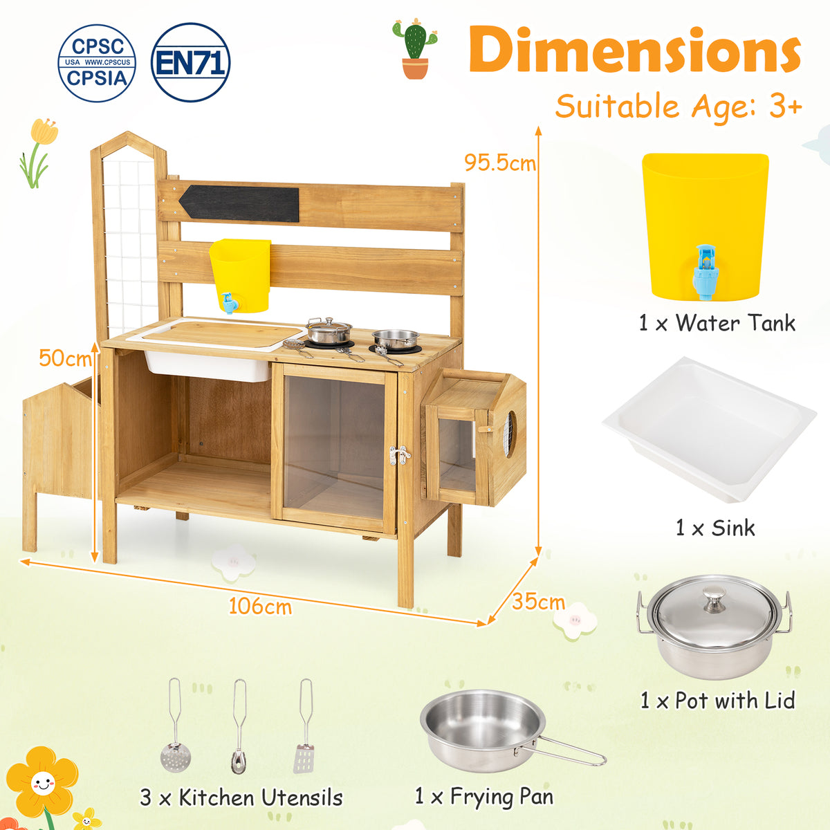 Honey Joy Mud Kitchen for Kids, Pretend Play Kitchen with Detachable Bird Cage
