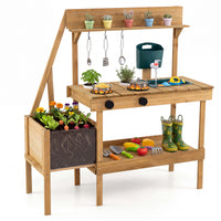 Kids Mud Kitchen, Wooden Play Kitchen with Planter Box, Stoves, Water Tank, Sink & 9 Accessories, Outdoor Pretend Kitchen Playset for Toddlers Aged 3+