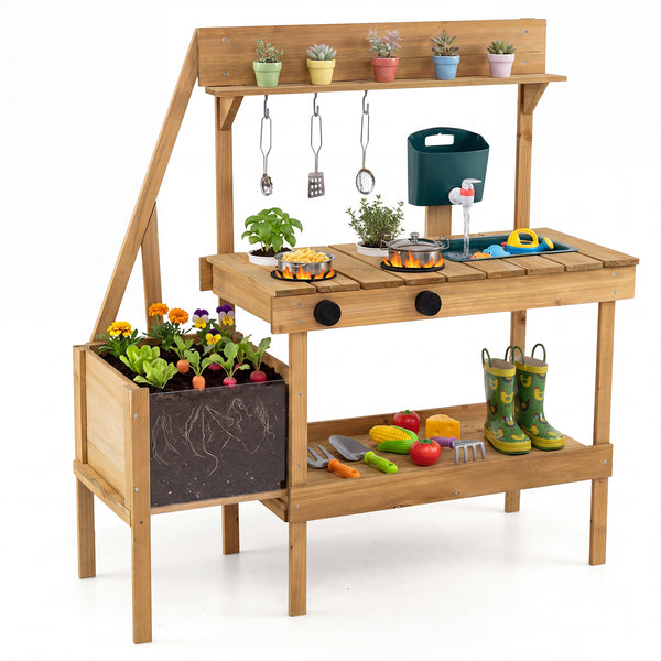 Kids Mud Kitchen, Wooden Play Kitchen with Planter Box, Stoves, Water Tank, Sink & 9 Accessories, Outdoor Pretend Kitchen Playset for Toddlers Aged 3+