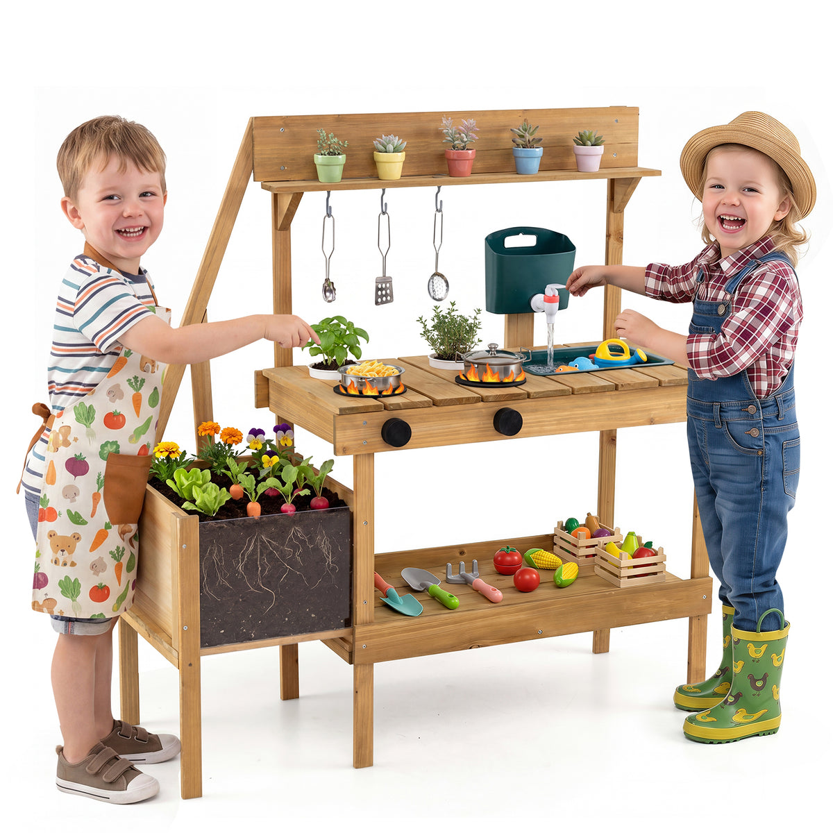 Kids Mud Kitchen, Wooden Play Kitchen with Planter Box, Stoves, Water Tank, Sink & 9 Accessories, Outdoor Pretend Kitchen Playset for Toddlers Aged 3+