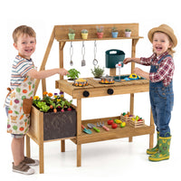Kids Mud Kitchen, Wooden Play Kitchen with Planter Box, Stoves, Water Tank, Sink & 9 Accessories, Outdoor Pretend Kitchen Playset for Toddlers Aged 3+