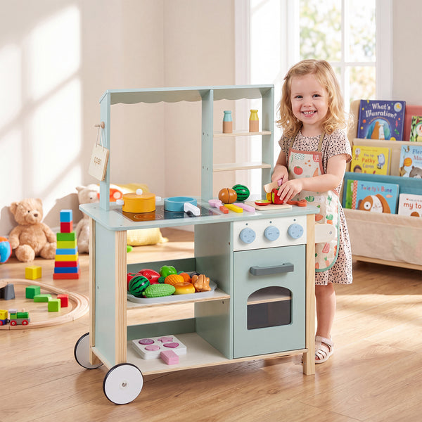 Play Kitchen for Kids, Wooden Kitchen Playset with Stoves, Oven, Rolling Chef Pretend Play Set
