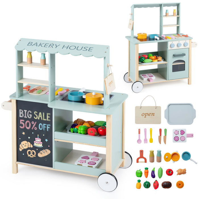 Play Kitchen for Kids, Wooden Kitchen Playset with Stoves, Oven, Rolling Chef Pretend Play Set