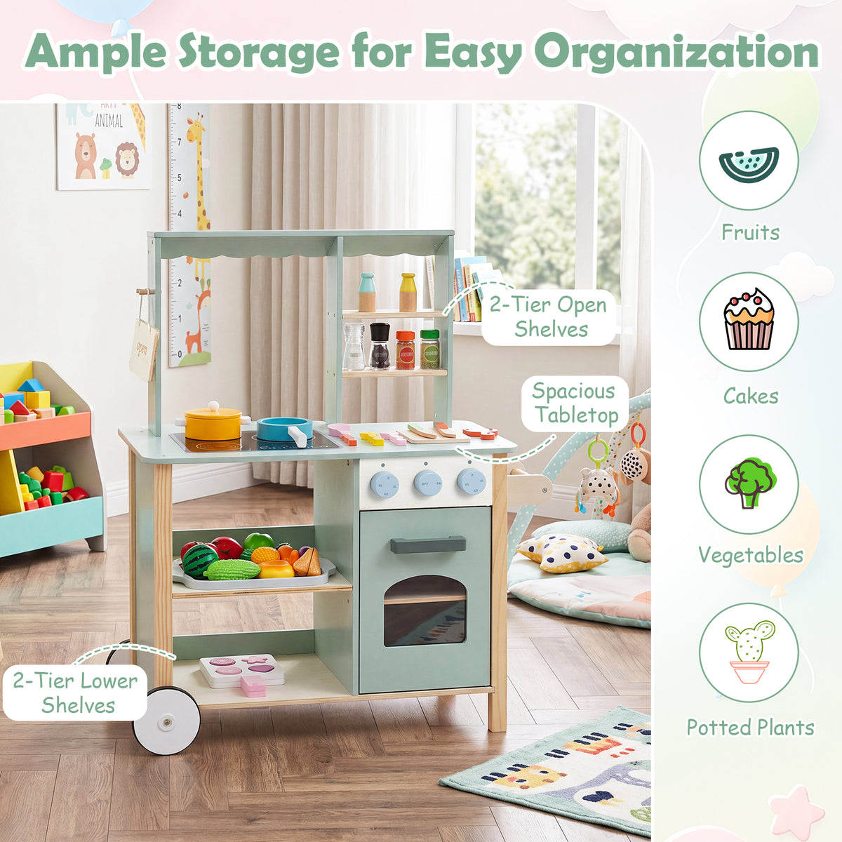 Play Kitchen for Kids, Wooden Kitchen Playset with Stoves, Oven, Rolling Chef Pretend Play Set