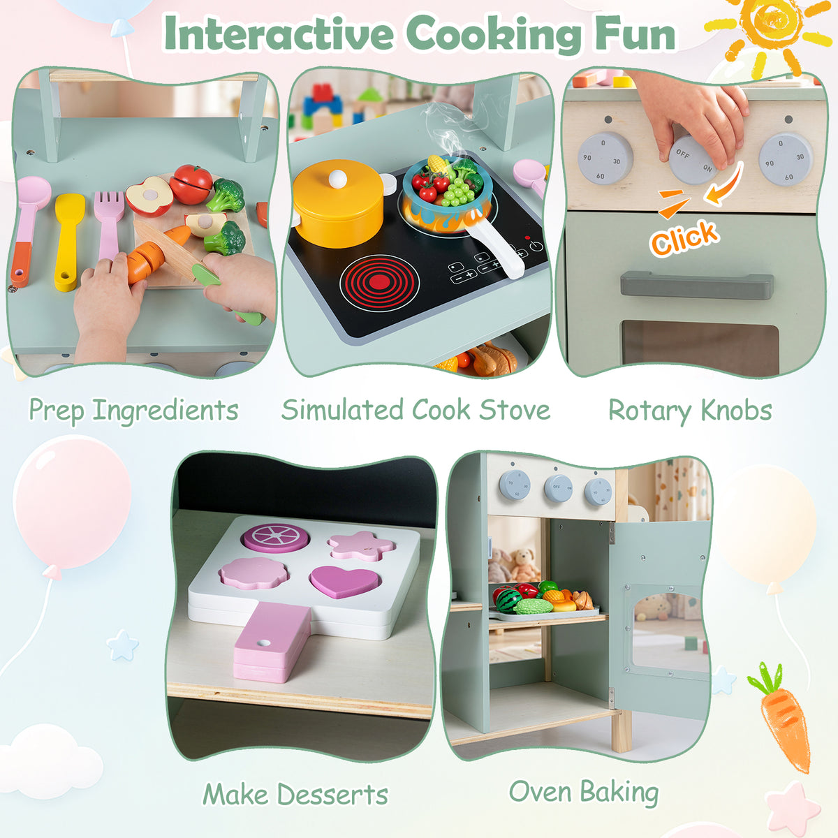 Play Kitchen for Kids, Wooden Kitchen Playset with Stoves, Oven, Rolling Chef Pretend Play Set
