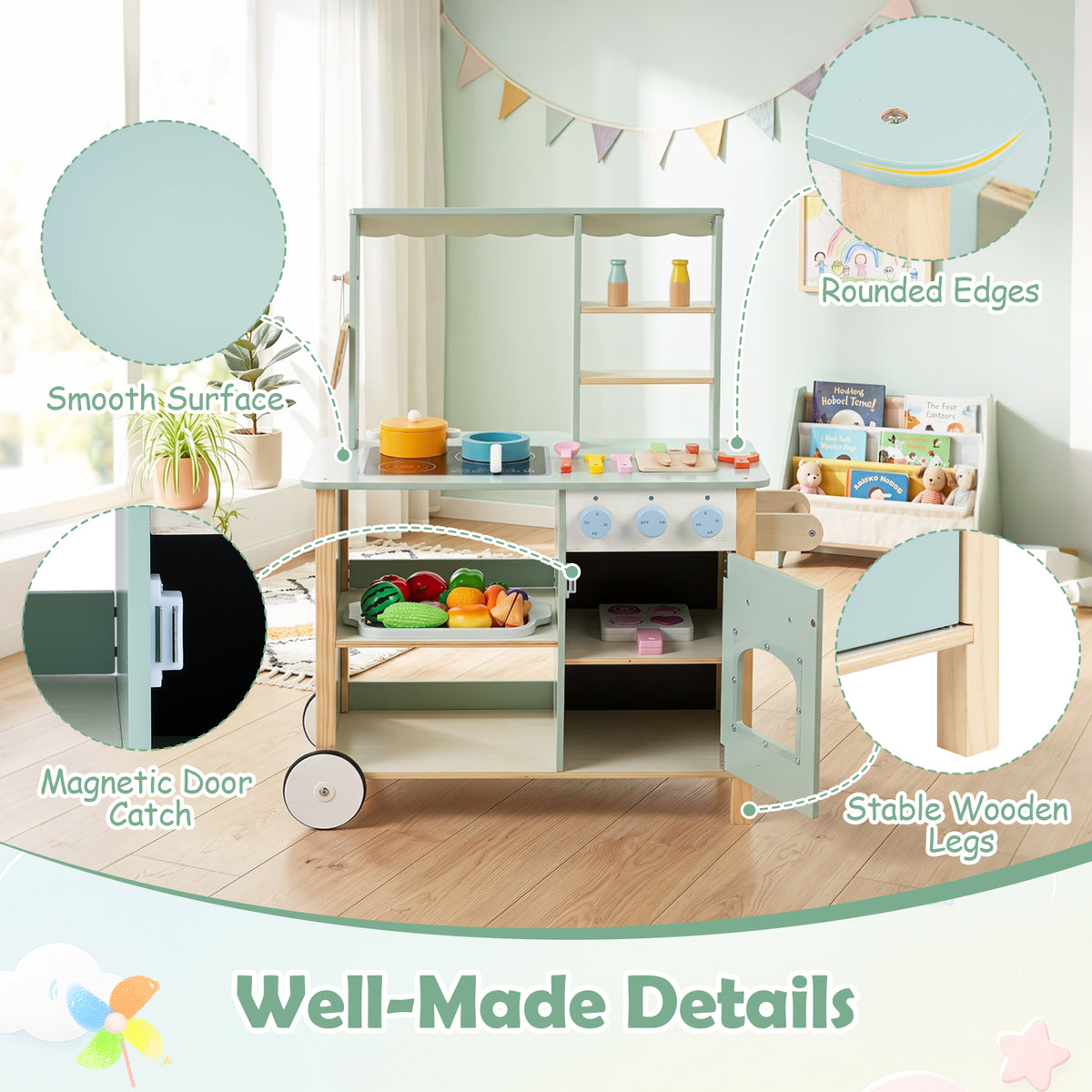 Play Kitchen for Kids, Wooden Kitchen Playset with Stoves, Oven, Rolling Chef Pretend Play Set
