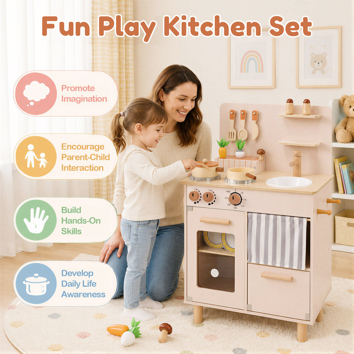 Wooden Play Kitchen for Kids, Role-Play Gift for Boys & Girls Ages 3+