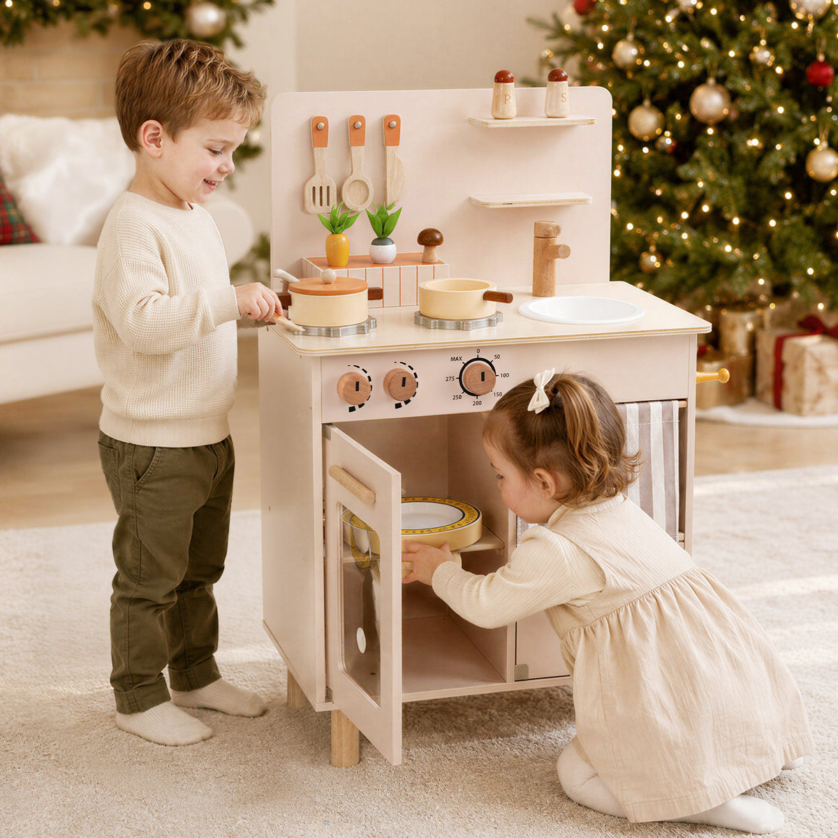 Wooden Play Kitchen for Kids, Role-Play Gift for Boys & Girls Ages 3+