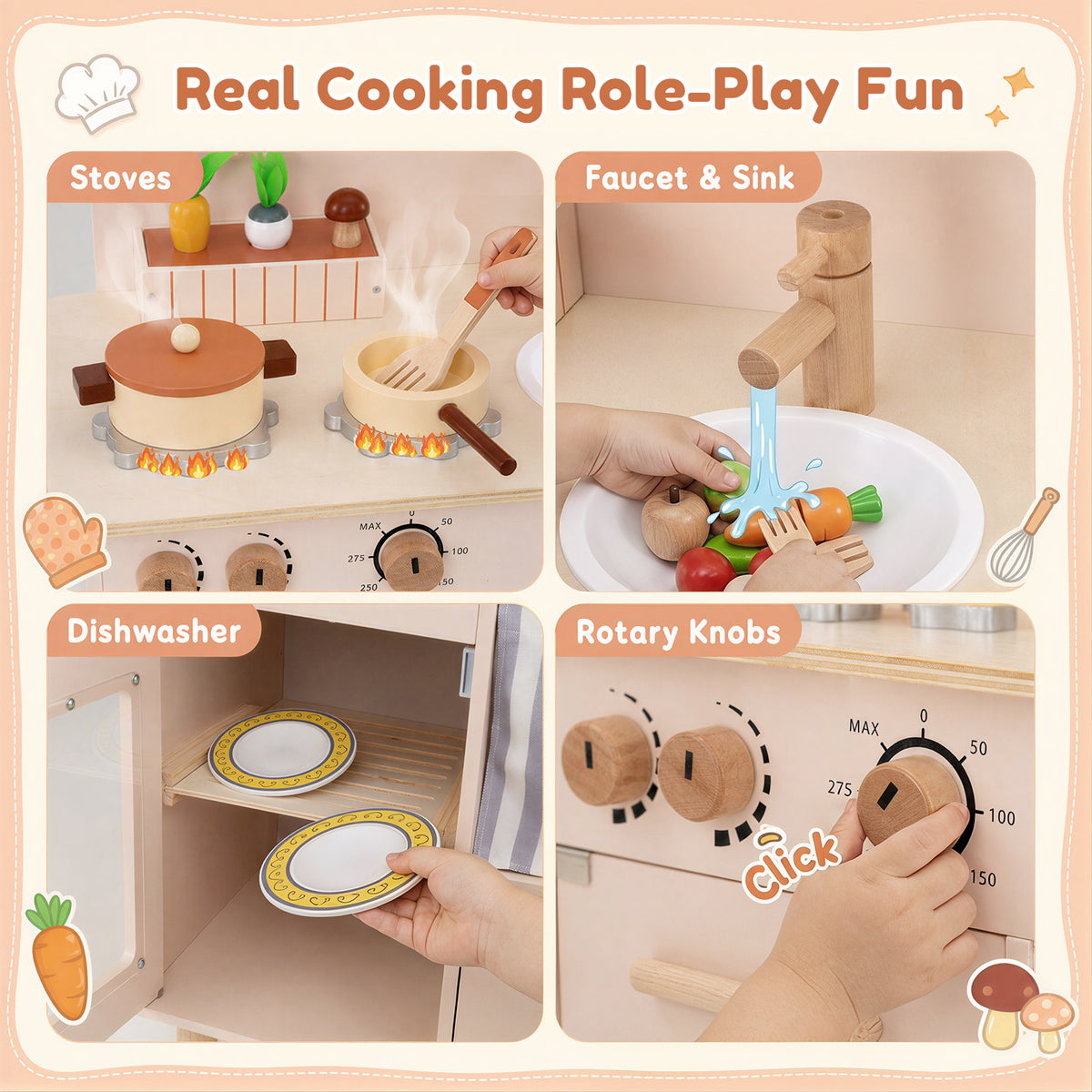 Wooden Play Kitchen for Kids, Role-Play Gift for Boys & Girls Ages 3+
