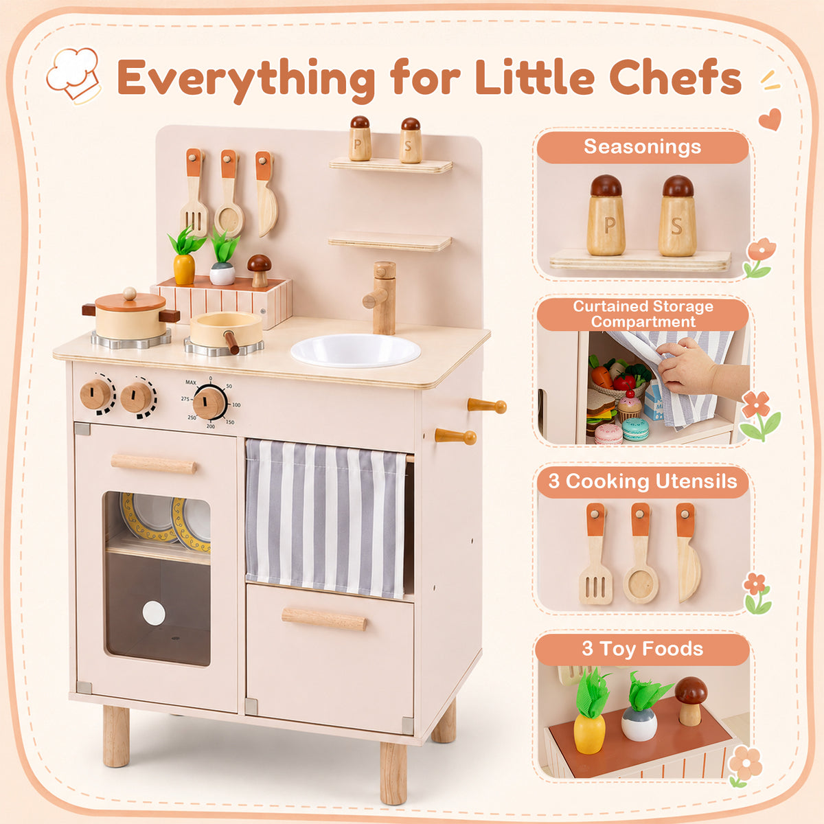 Wooden Play Kitchen for Kids, Role-Play Gift for Boys & Girls Ages 3+