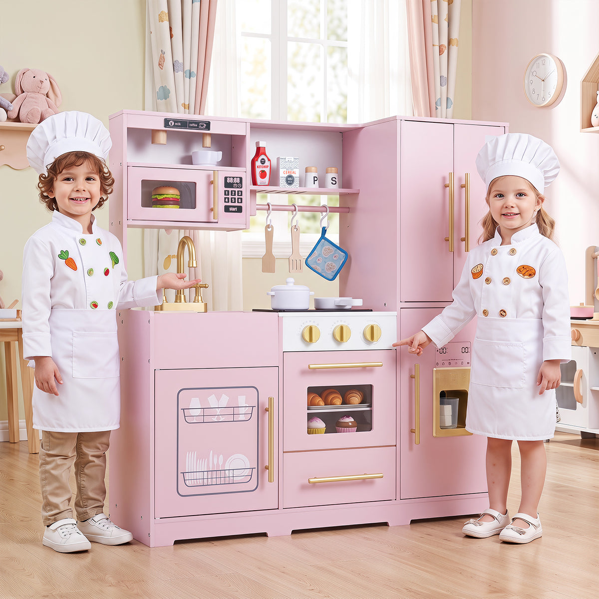 Wooden Play Kitchen with Lights & Sounds and Sink Stove Oven for Kids Ages 3+