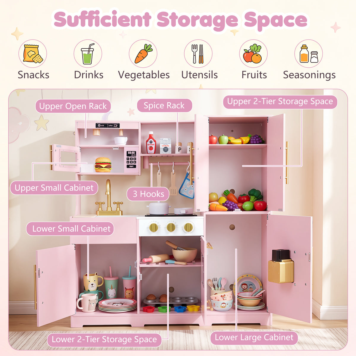 Wooden Play Kitchen with Lights & Sounds and Sink Stove Oven for Kids Ages 3+