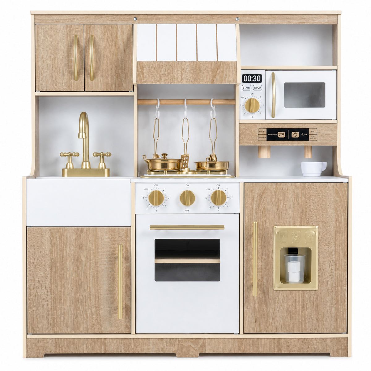 Wooden Play Kitchen with Lights & Sounds and Ice Maker Stove Sink for Toddlers Ages 3+