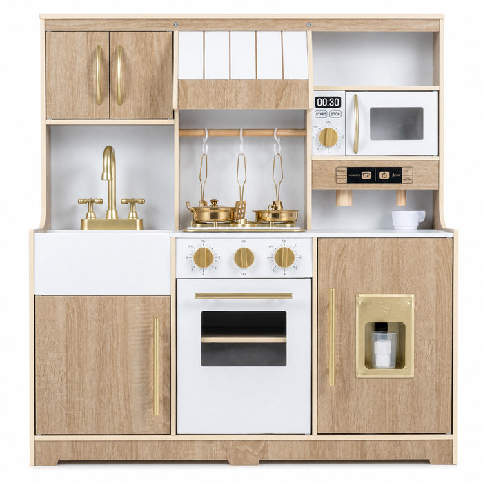 Wooden Play Kitchen with Lights & Sounds and Ice Maker Stove Sink for Toddlers Ages 3+