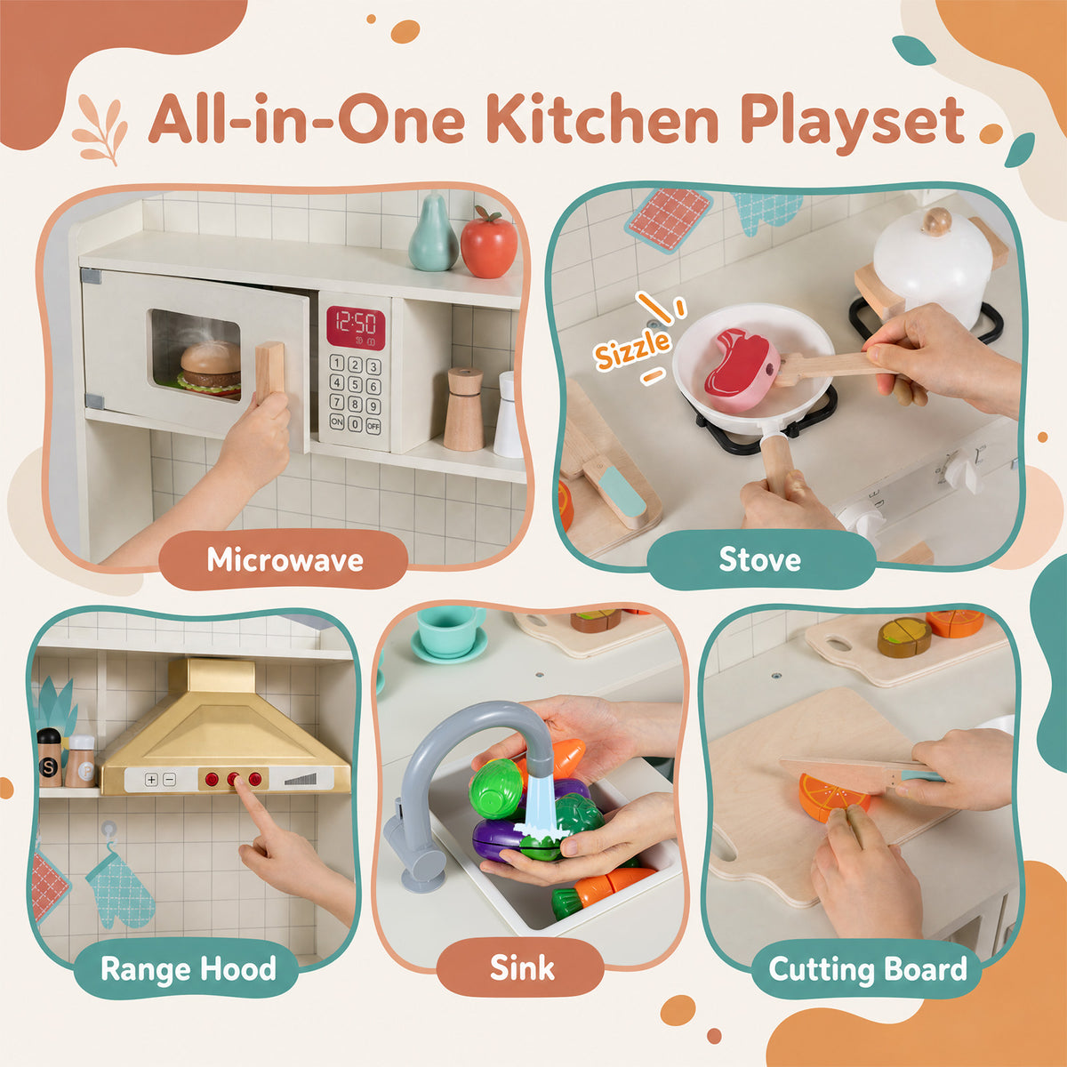 Wooden Play Kitchen for Kids w/ Lights & Sounds