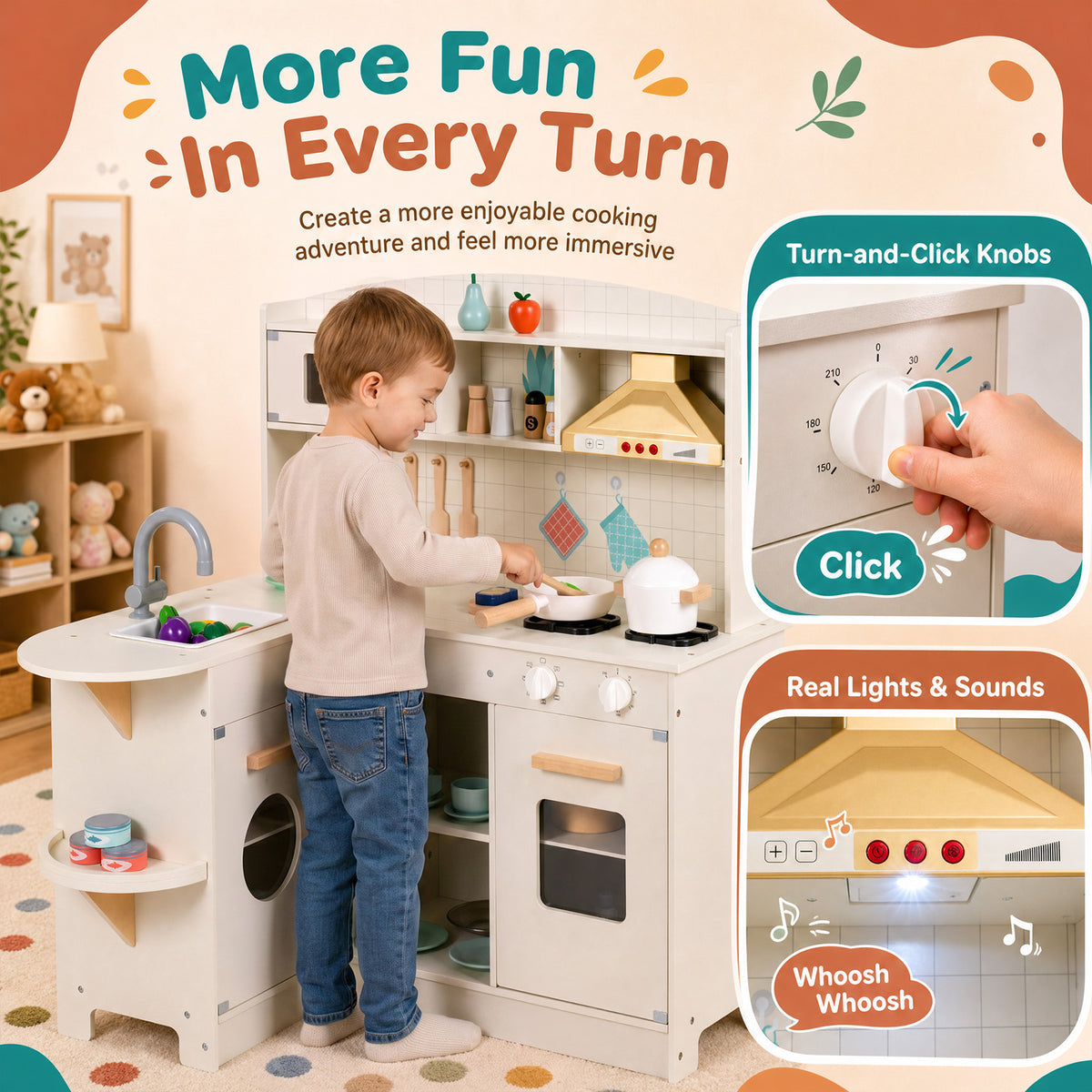 Wooden Play Kitchen for Kids w/ Lights & Sounds
