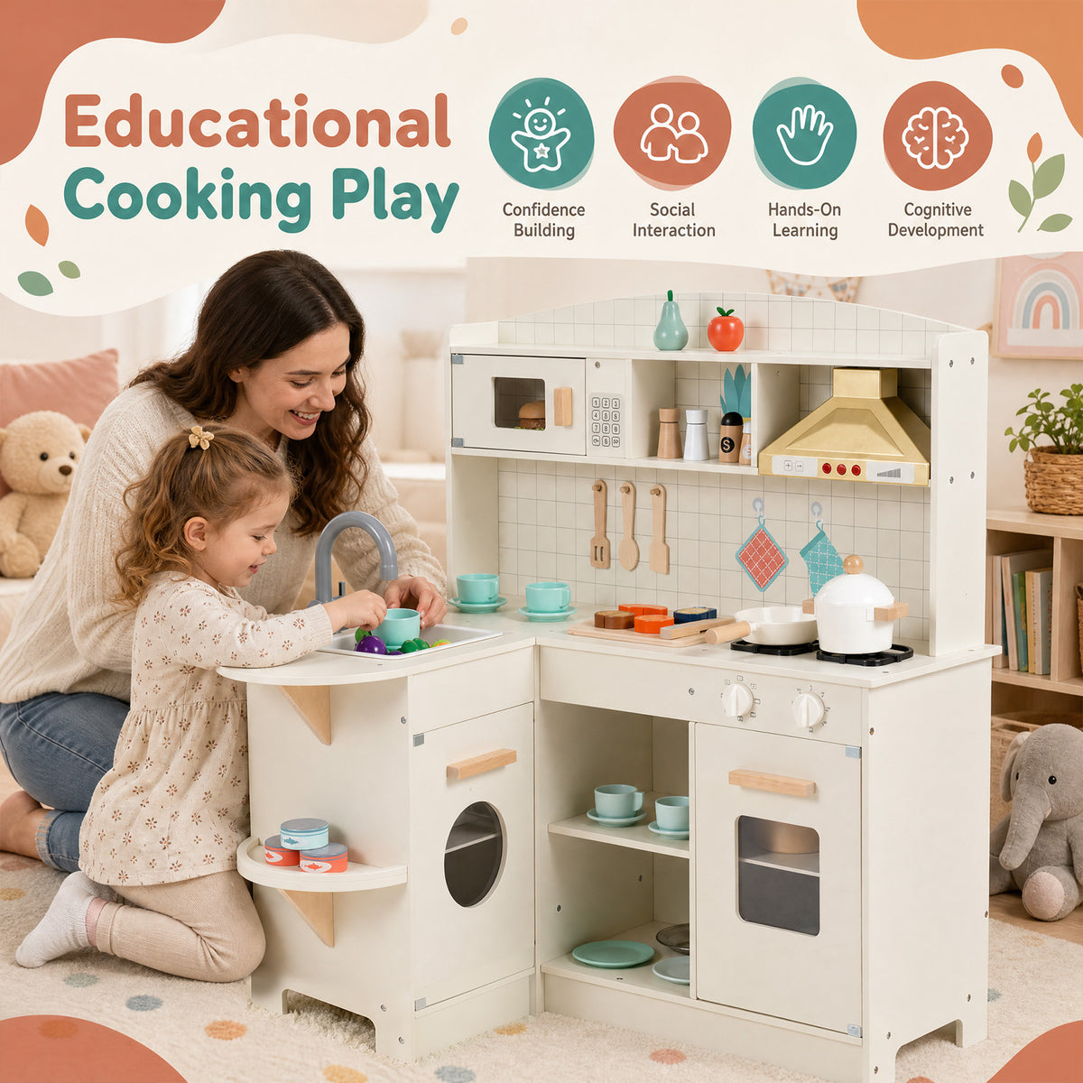 Wooden Play Kitchen for Kids w/ Lights & Sounds