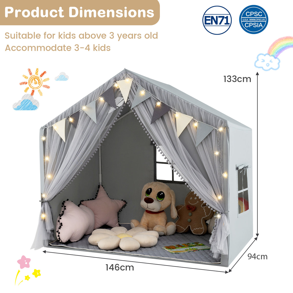 3-4 Kids Large Play Tent House with Fabric and Screen Curtains Star Lights