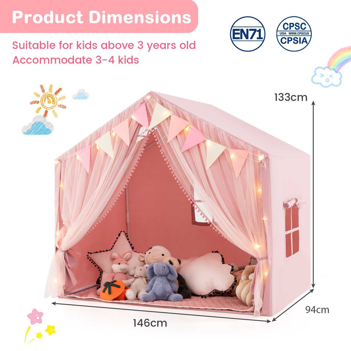 3-4 Kids Large Play Tent House with Fabric and Screen Curtains Star Lights