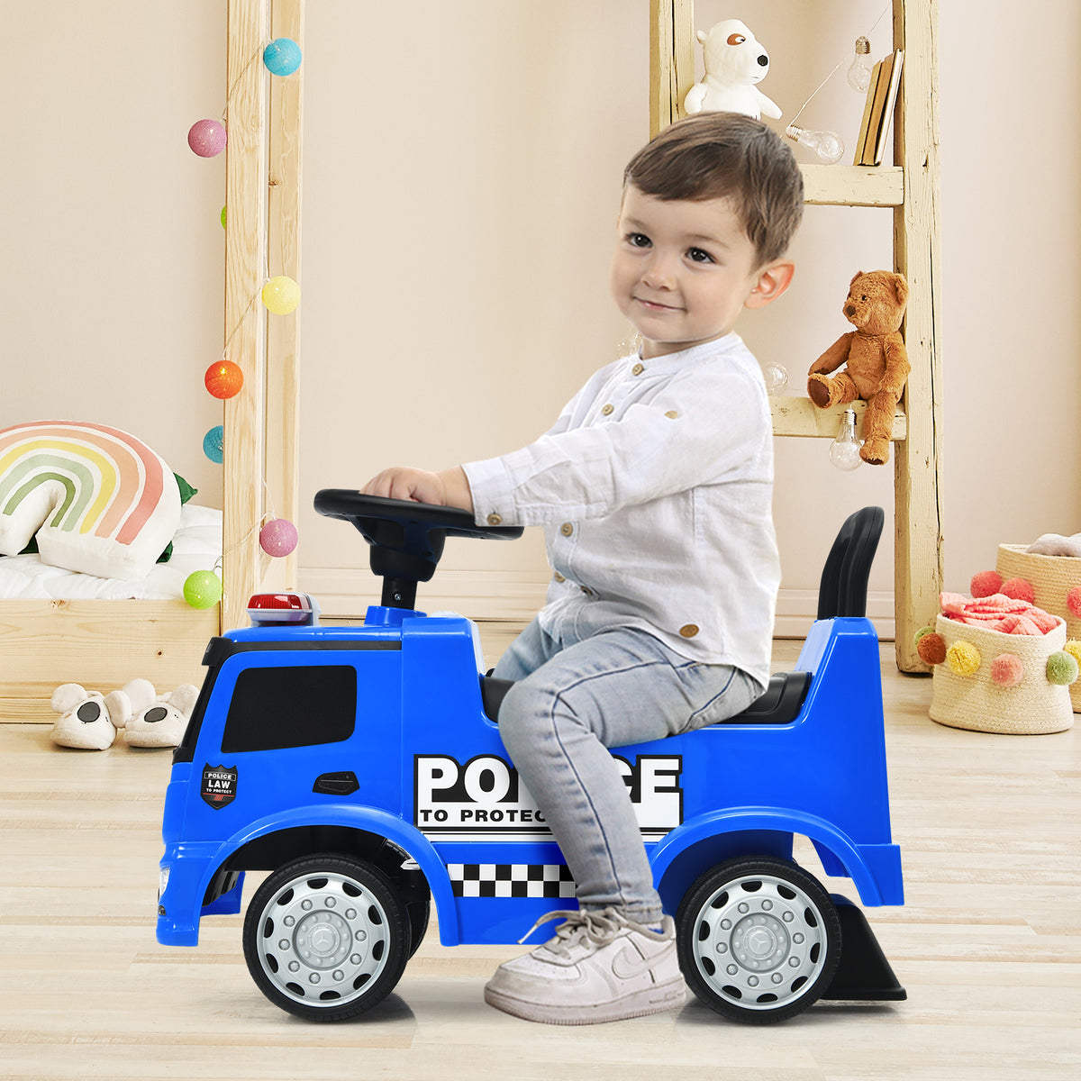 Kids Ride On Car, Benz Licensed Fire Engine w/Storage Space, Steering Wheel, Backrest