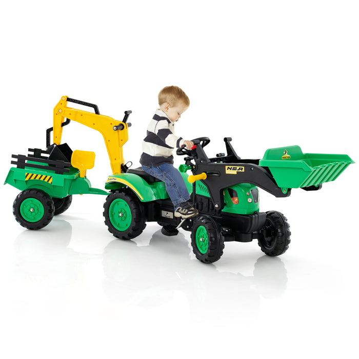 3 in1 Kids Ride On Excavator, Pedal car Bulldozer with 6 Wheels & Detachable Trailer, Working Dirt Bucket, Cargo Trailer