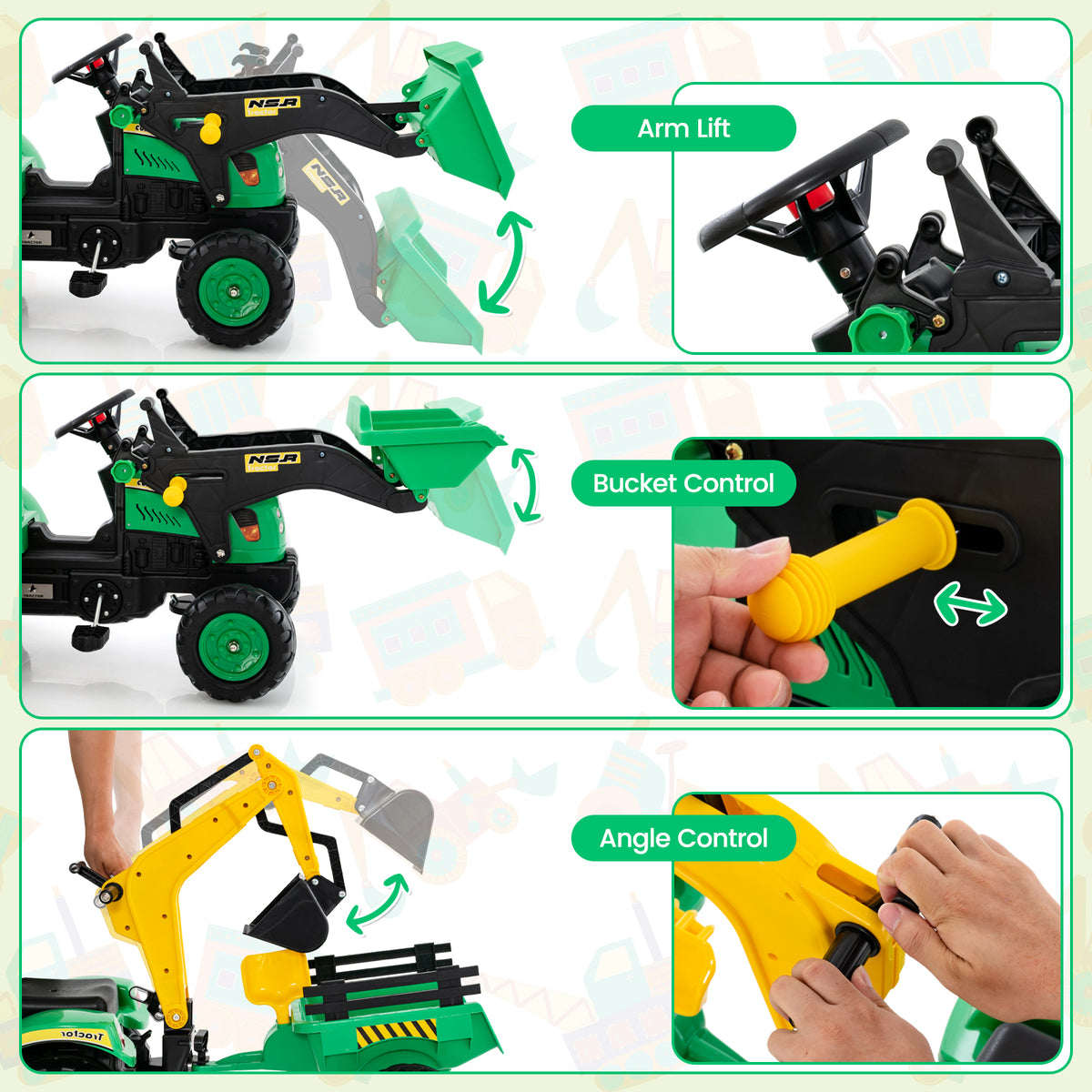3 in1 Kids Ride On Excavator, Pedal car Bulldozer with 6 Wheels & Detachable Trailer, Working Dirt Bucket, Cargo Trailer