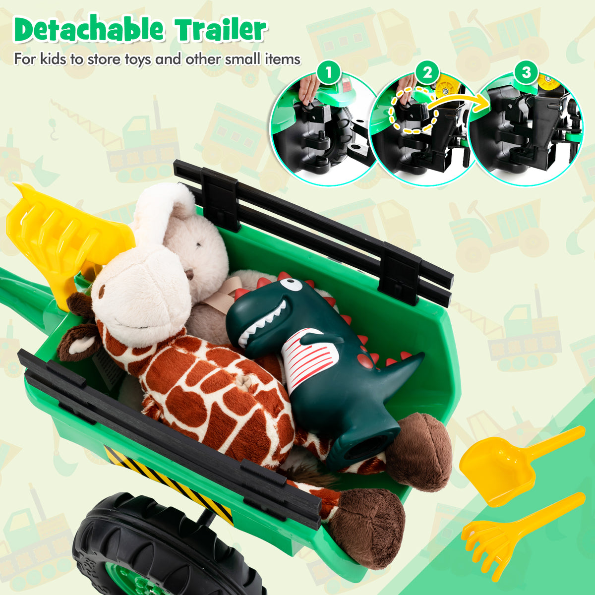 3 in1 Kids Ride On Excavator, Pedal car Bulldozer with 6 Wheels & Detachable Trailer, Working Dirt Bucket, Cargo Trailer
