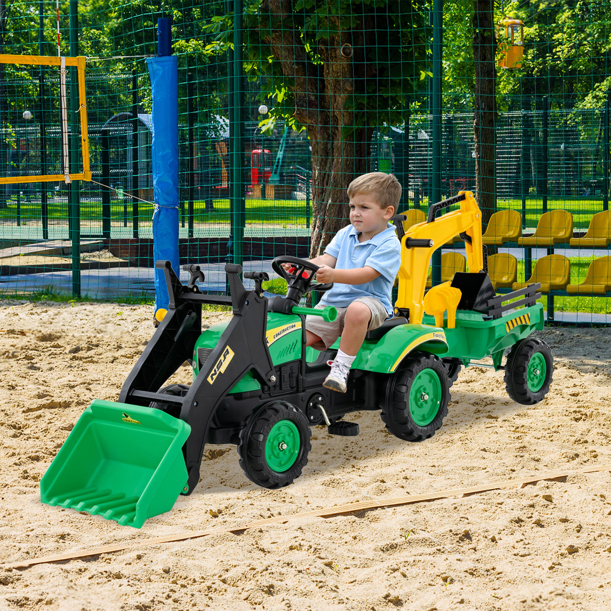 3 in1 Kids Ride On Excavator, Pedal car Bulldozer with 6 Wheels & Detachable Trailer, Working Dirt Bucket, Cargo Trailer