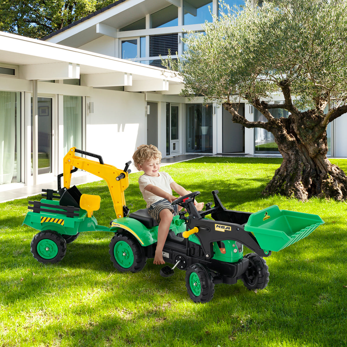 3 in1 Kids Ride On Excavator, Pedal car Bulldozer with 6 Wheels & Detachable Trailer, Working Dirt Bucket, Cargo Trailer