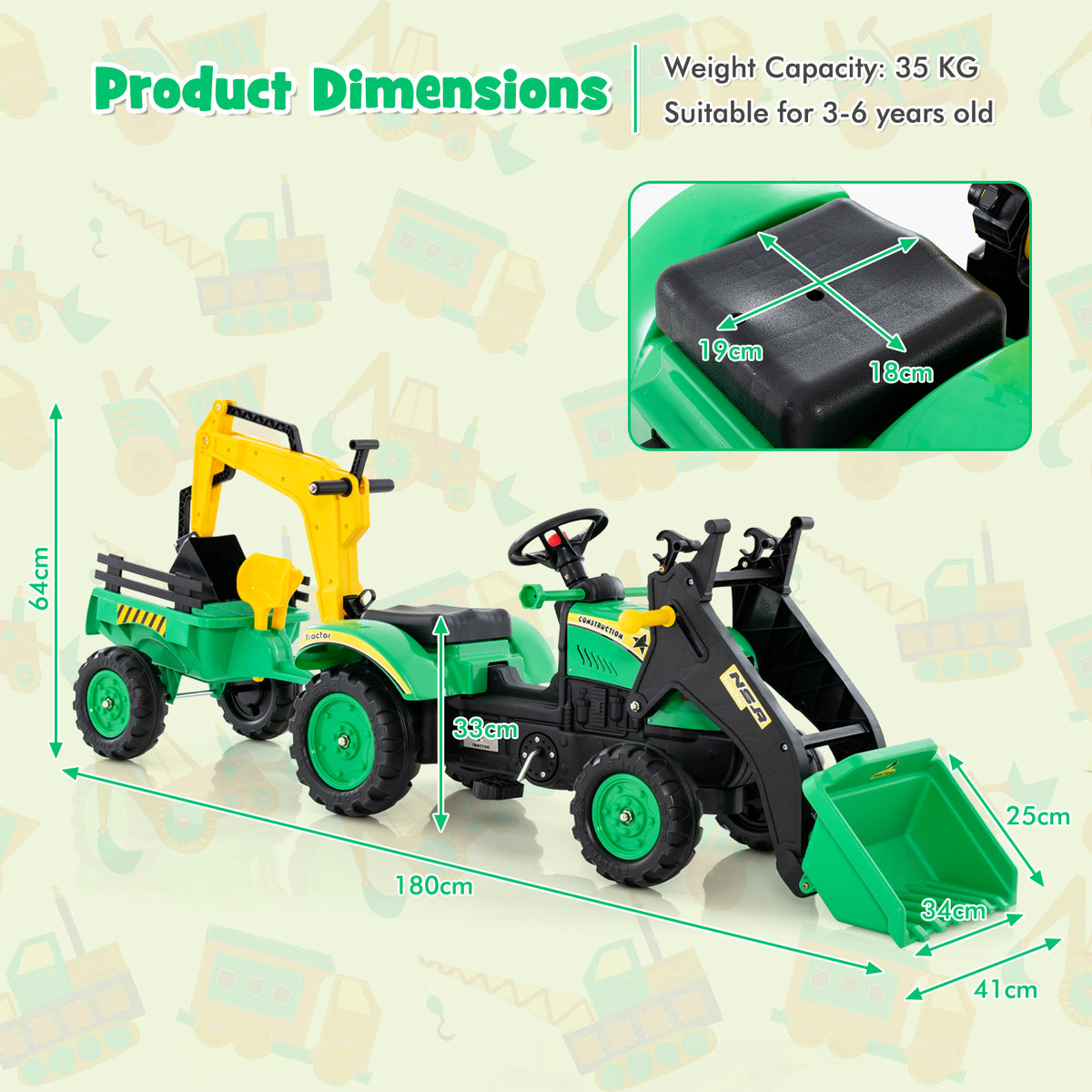 3 in1 Kids Ride On Excavator, Pedal car Bulldozer with 6 Wheels & Detachable Trailer, Working Dirt Bucket, Cargo Trailer