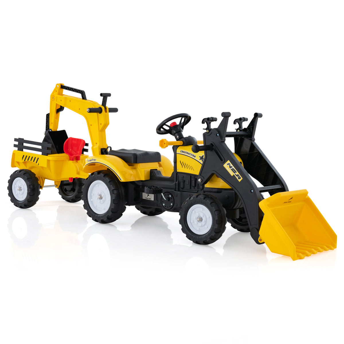 3 in1 Kids Ride On Excavator, Pedal car Bulldozer with 6 Wheels & Detachable Trailer, Working Dirt Bucket, Cargo Trailer