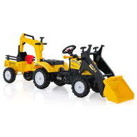 3 in1 Kids Ride On Excavator, Pedal car Bulldozer with 6 Wheels & Detachable Trailer, Working Dirt Bucket, Cargo Trailer