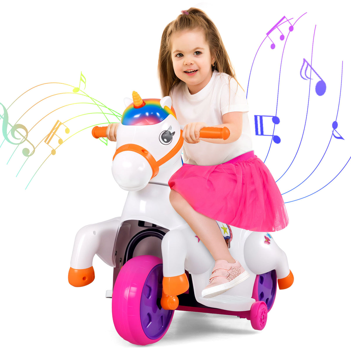 12V Unicorn Ride on Toy, Kids Ride on Car Pony with Training Wheels