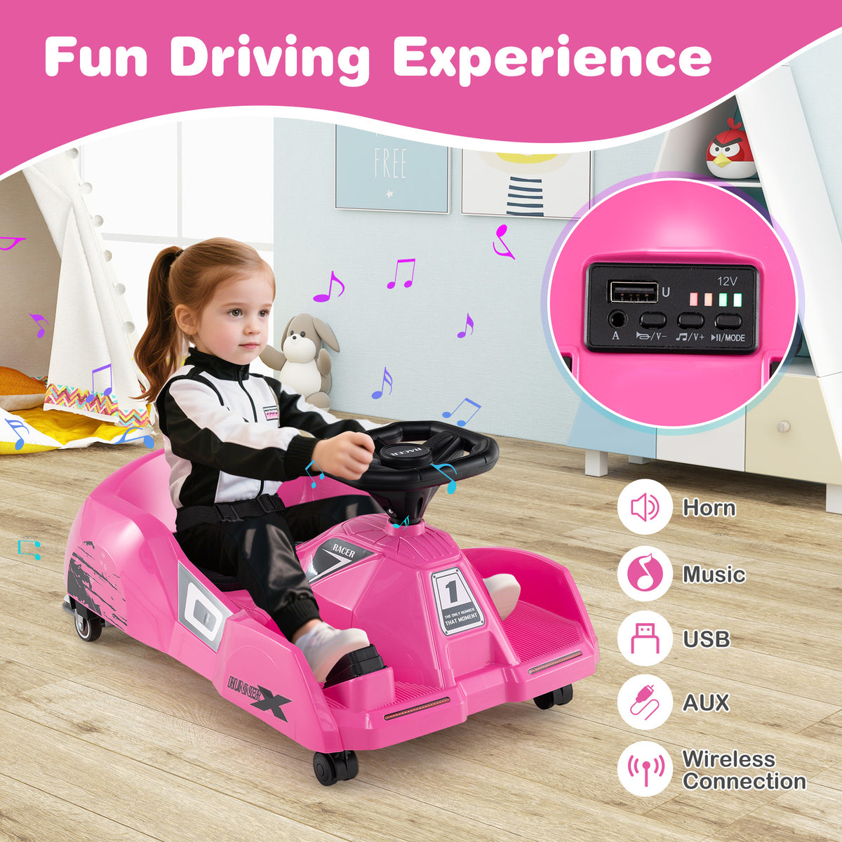 Electric Cleaning Go Kart, 12V Ride on Race Car with Detachable Mop