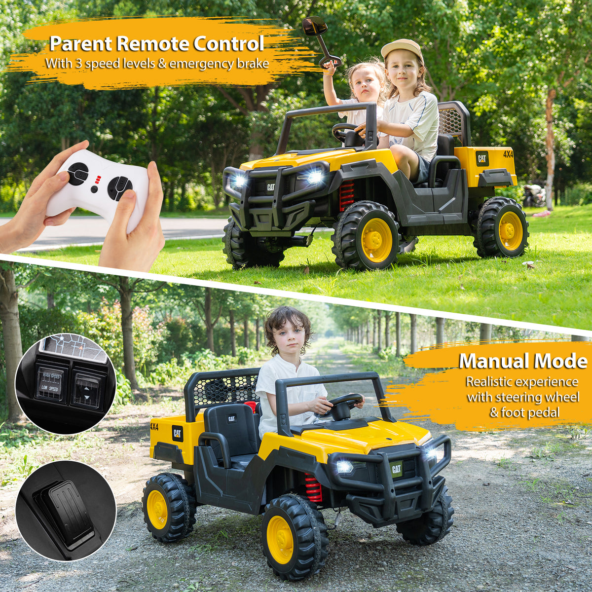 Licensed Caterpillar Ride On 4WD Dump Truck, 24V 2-Seater Kids Car Electric Vehicle with Remote Control