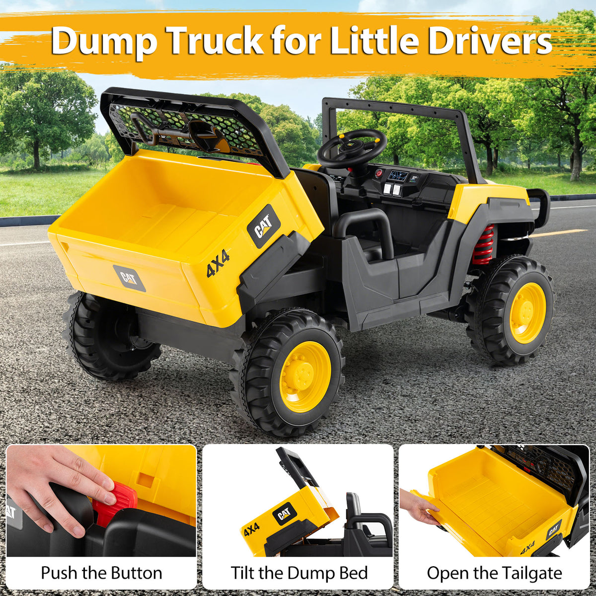Licensed Caterpillar Ride On 4WD Dump Truck, 24V 2-Seater Kids Car Electric Vehicle with Remote Control