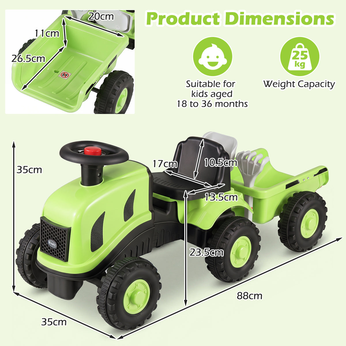 2-in-1 Ride on Tractor with Detachable Trailer, Foot-to-Floor Sliding Car with Air Horn, Dashboard, Shovel and Rake