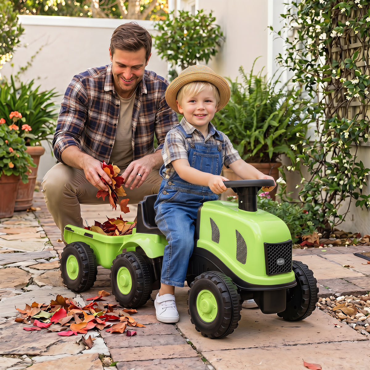 2-in-1 Ride on Tractor with Detachable Trailer, Foot-to-Floor Sliding Car with Air Horn, Dashboard, Shovel and Rake
