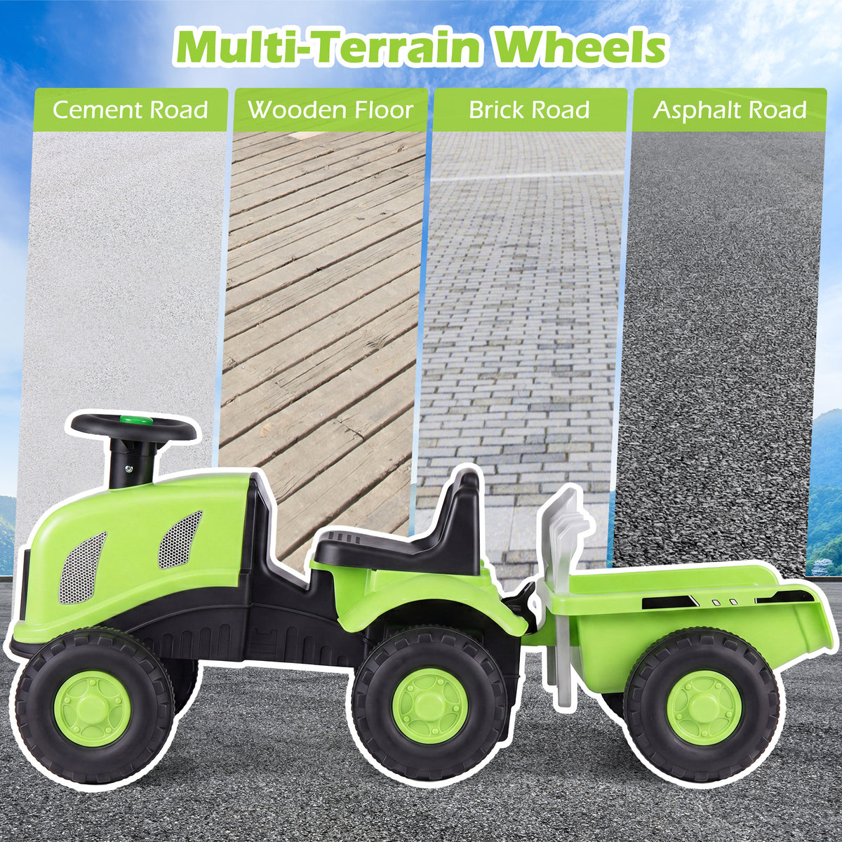 2-in-1 Ride on Tractor with Detachable Trailer, Foot-to-Floor Sliding Car with Air Horn, Dashboard, Shovel and Rake
