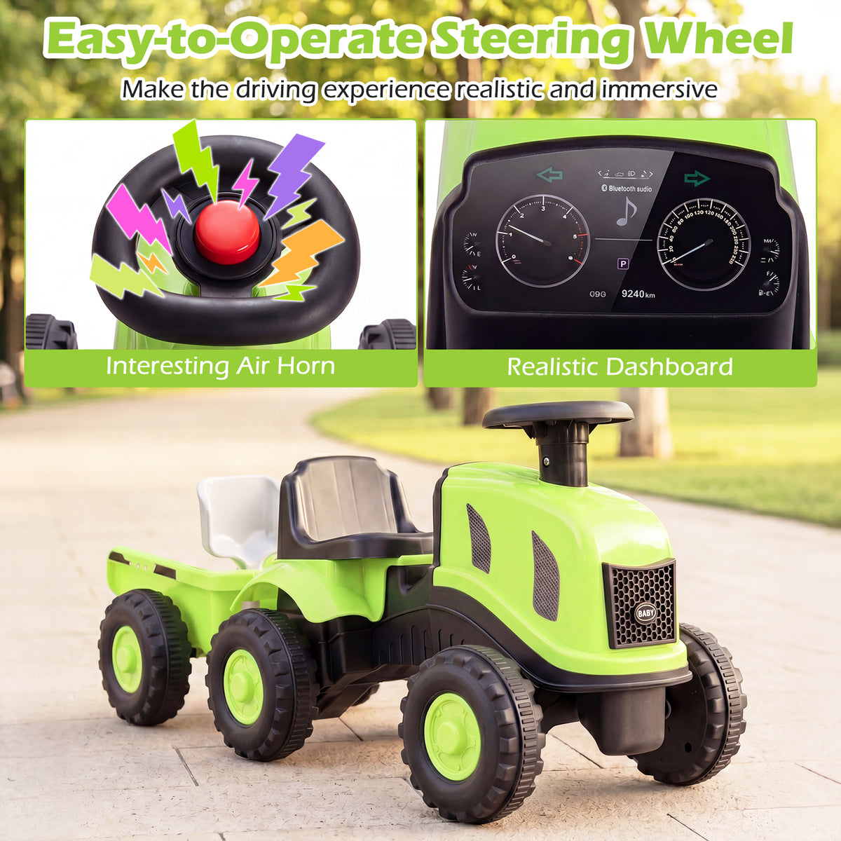 2-in-1 Ride on Tractor with Detachable Trailer, Foot-to-Floor Sliding Car with Air Horn, Dashboard, Shovel and Rake