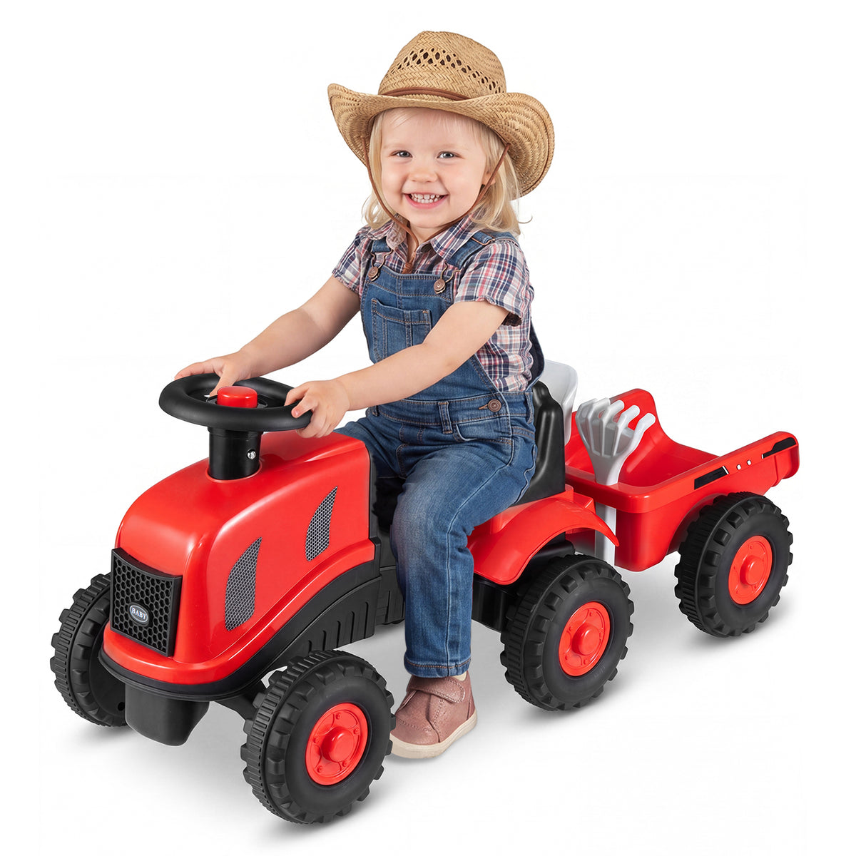 2-in-1 Ride on Tractor with Detachable Trailer, Foot-to-Floor Sliding Car with Air Horn, Dashboard, Shovel and Rake
