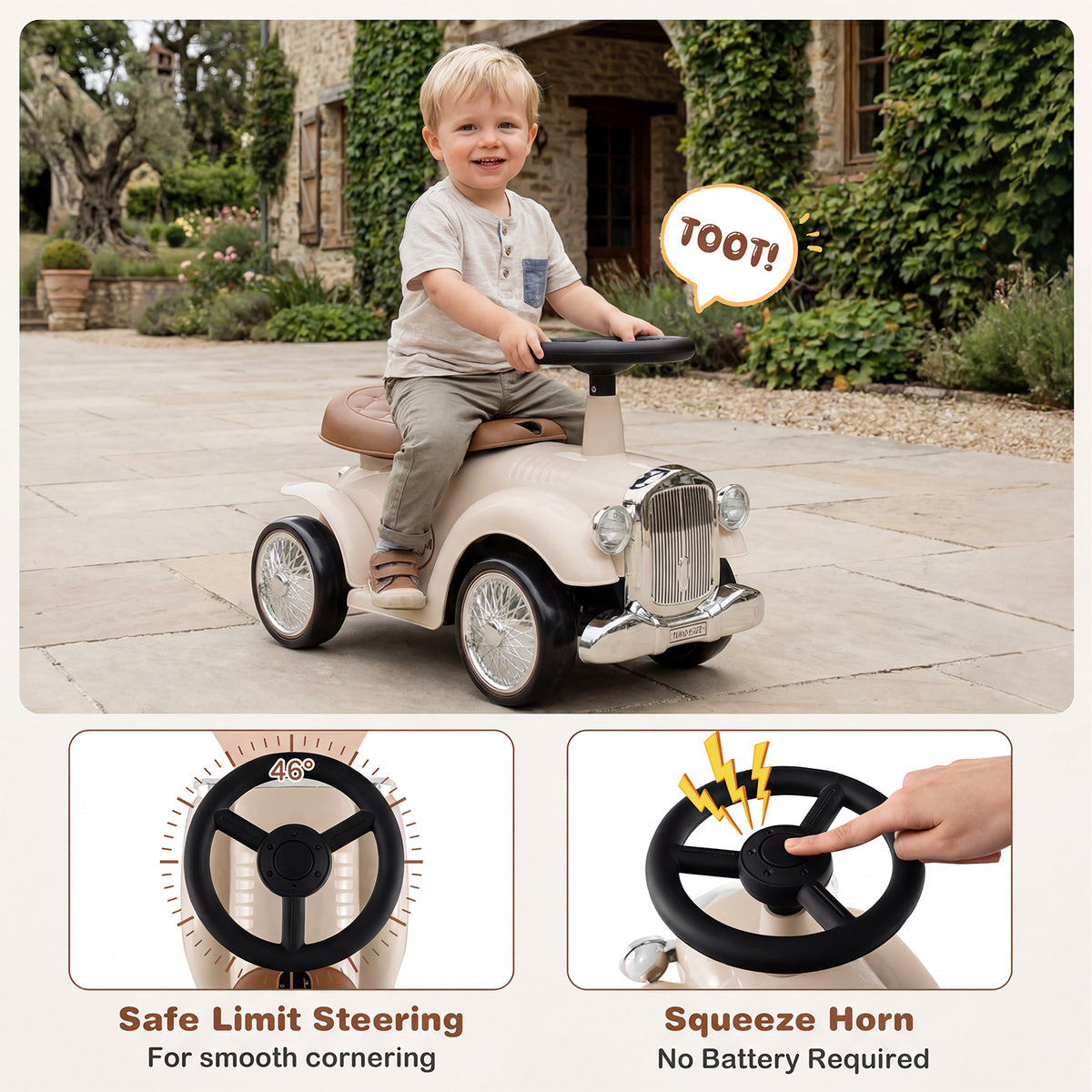 Retro Kids Ride-on Toy, Kids Vehicle Toy w/Working Steering Wheel, Under Seat Storage & Large EVA Wheels