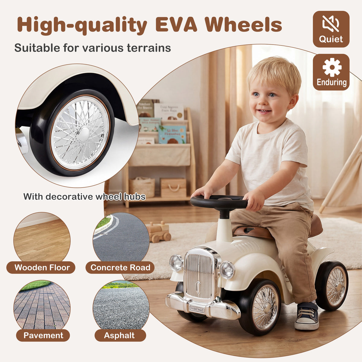 Retro Kids Ride-on Toy, Kids Vehicle Toy w/Working Steering Wheel, Under Seat Storage & Large EVA Wheels