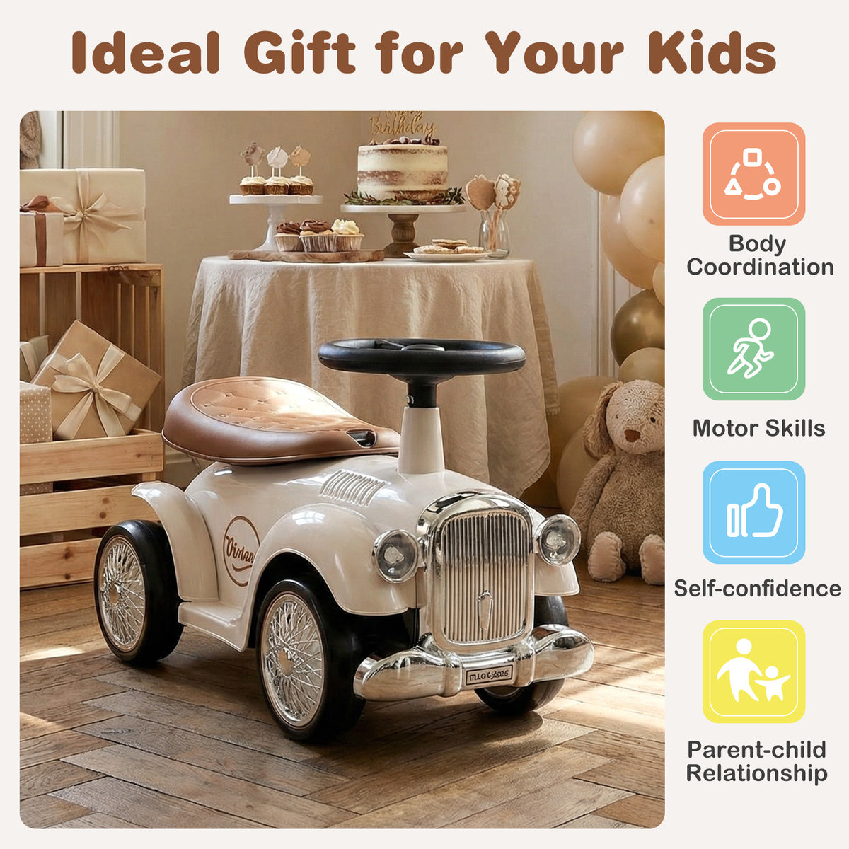 Retro Kids Ride-on Toy, Kids Vehicle Toy w/Working Steering Wheel, Under Seat Storage & Large EVA Wheels